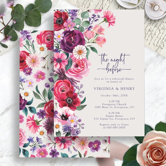 Färgglatt blommande repetitionskalas inbjudningar (Colorful Floral Watercolor Rehearsal Dinner Invitation by Painted Paperie
)