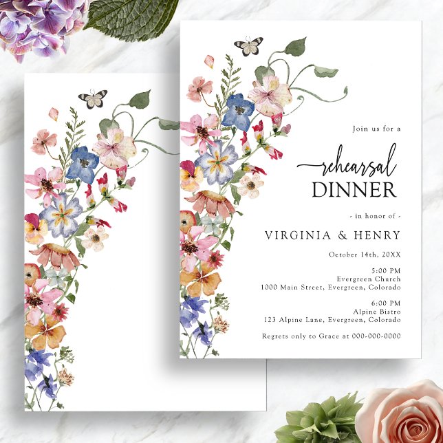 Färgglatt blommande repetitionskalas inbjudningar (Colorful Floral Rehearsal Dinner Invitation with Butterfly by Painted Paperie
)