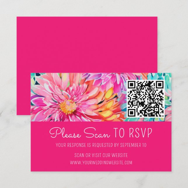 Färgglatt Blommigt Bröllops QR-kodfäste OSA Kort (Fram/baksida)
