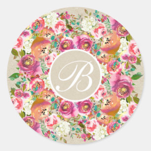 Färgglatt Blommigt Rustikt Kraft Monogram Anpassad Runt Klistermärke