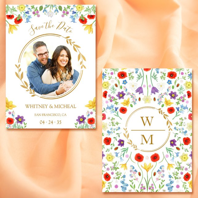 Färgglatt blommonogram foto vitt spara datum (Colorful Floral Monogram Photo White Save the Date)