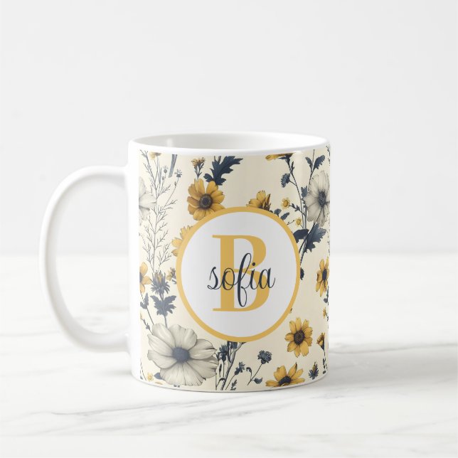 Färgglatt blommönster monogram gult kaffemugg (Vänster)