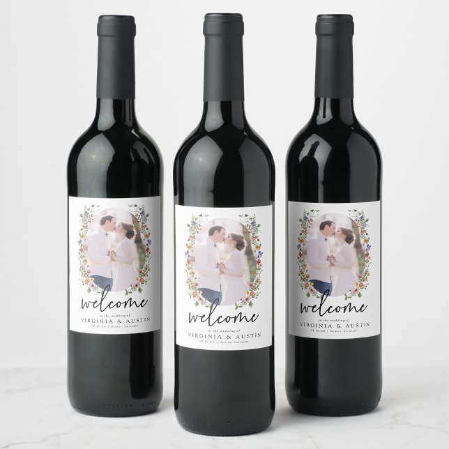 Färgglatt blomster vinetikett vinflaska etikett (Colorful Floral Photo Wine Label by Painted Paperie
)