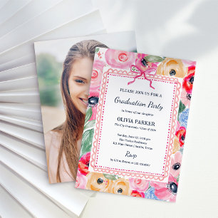 Färgglatt blomstergradueringsfest Foto och rosa Inbjudningar