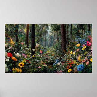 Färgglatt blomsterlandskap med livfulla träd Sceni Poster