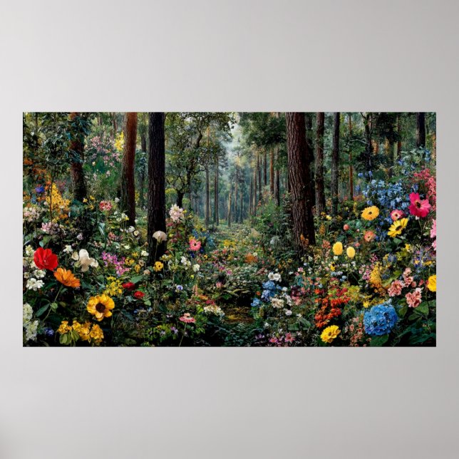 Färgglatt blomsterlandskap med livfulla träd Sceni Poster (Framsidan)