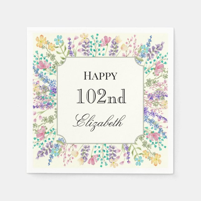 Färgglatt blomstermotiv till 102-årsdags servett (Framsidan)
