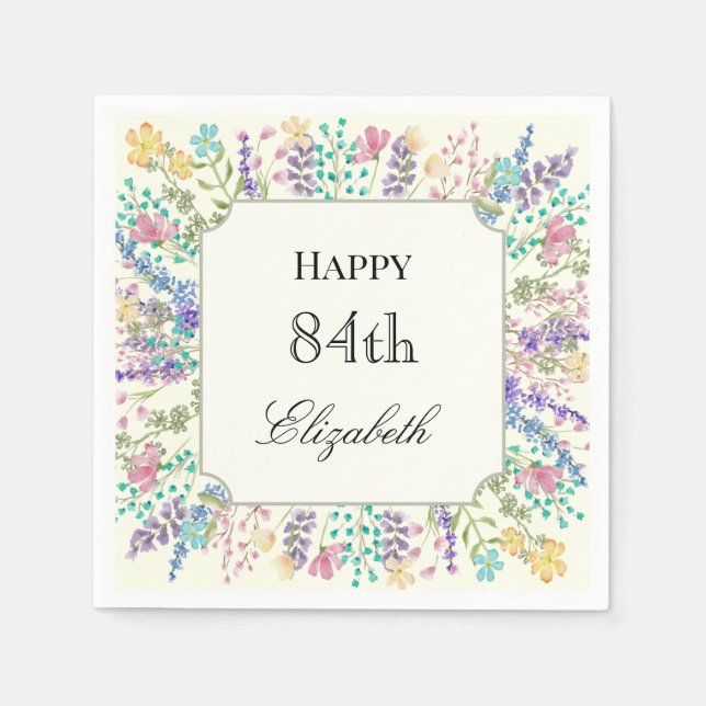 Färgglatt blomstermotiv till 84-års födelsedagsser pappersservett (Framsidan)