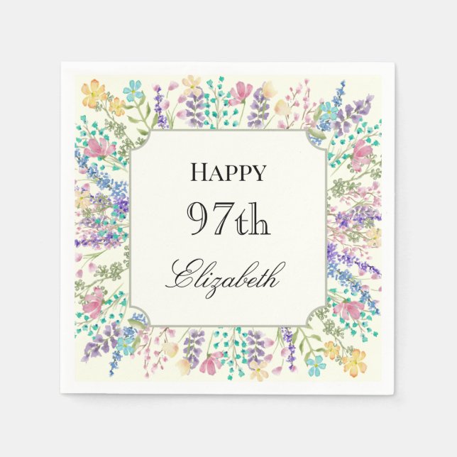 Färgglatt blomstermotiv till 97-årsfirande servett (Framsidan)
