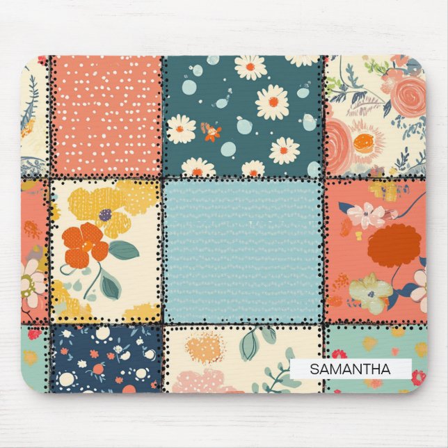 Färgglatt blomsterpatchwork-quilt med lekfullt try musmatta (Framsidan)