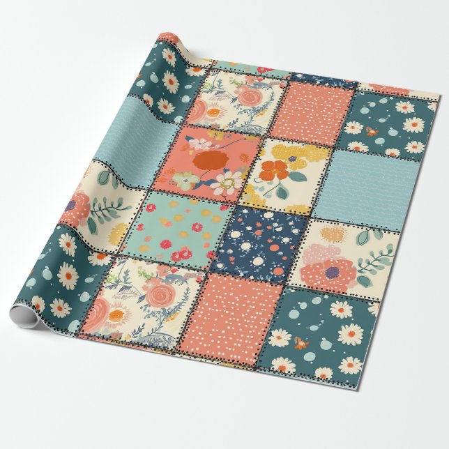 Färgglatt blomsterpatchworkquilt med lekfullt tryc presentpapper (Utrullad)