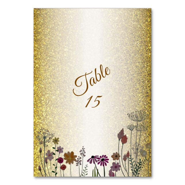 Färgglatt blomsterträdgård Guld glitter bröllopsfe Bordsnummer (Framsidan)