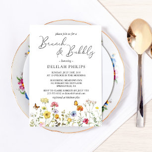 Färgglatt botaniskt bröllopsbrunch med bubbel inbjudningar
