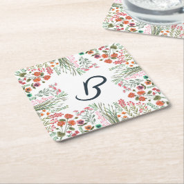 Färgglatt bröllopsduschmonogram med vilda blommor underlägg papper kvadrat
