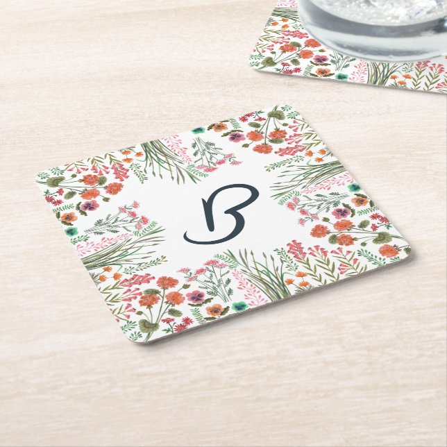 Färgglatt bröllopsduschmonogram med vilda blommor underlägg papper kvadrat (Vinklad)
