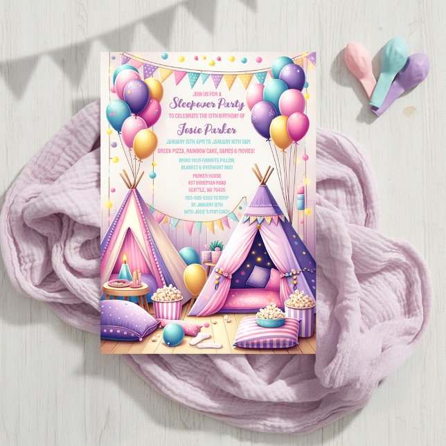 Färgglatt Charmigt Teepee Födelsedags-Soveri-Party Inbjudningar (Available in Print and Instant Download)