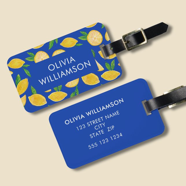 Färgglatt Citrus Citronmönster Bagagebricka (Lemon pattern personalised luggage tag with blue background.)
