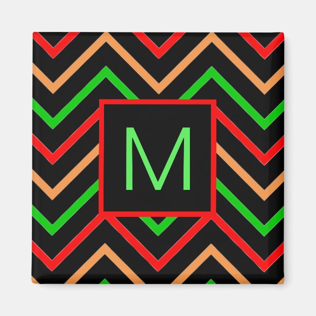Färgglatt coolt chevron på svart monogram magnet (Framsidan)