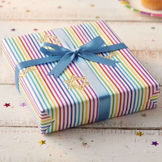 Färgglatt Davidstjärna Regnbåge Tunnrandiga Presentpapper (Fun Elegant Jewish Star of David Rainbow Stripes Wrapping Paper for Birthday, Hanukkah & Bat Mitzvah)