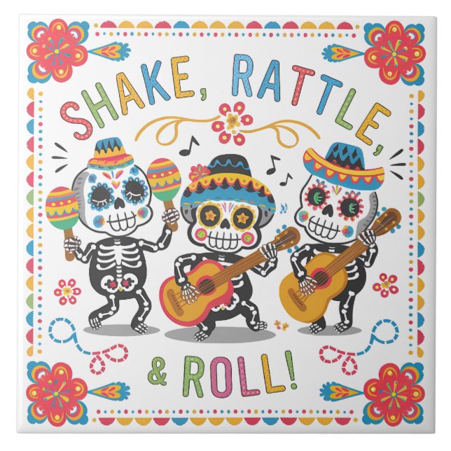 Färgglatt Día de los Muertos Fiesta Skelettband Kakelplatta (Framsidan)