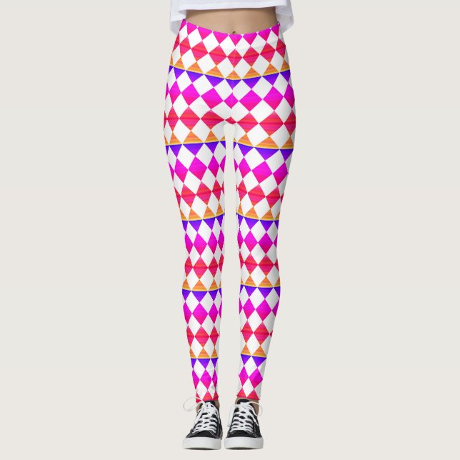 Färgglatt diamantmönster med schackrutemönster leggings (Framsida)