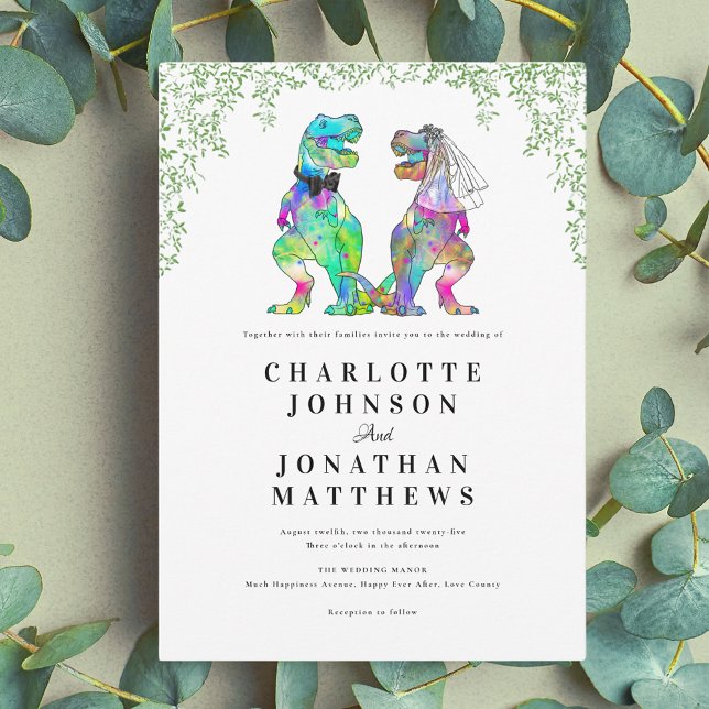Färgglatt dinosaurie-tema bröllop inbjudningar (Colorful dinosaur theme wedding invitation with modern script and watercolor foliage)