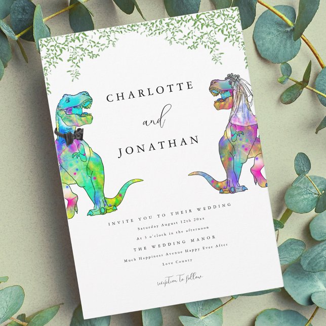 Färgglatt dinosaurie-tema bröllop inbjudningar (Colorful Dinosaur theme wedding invitation with eucalyptus foliage)