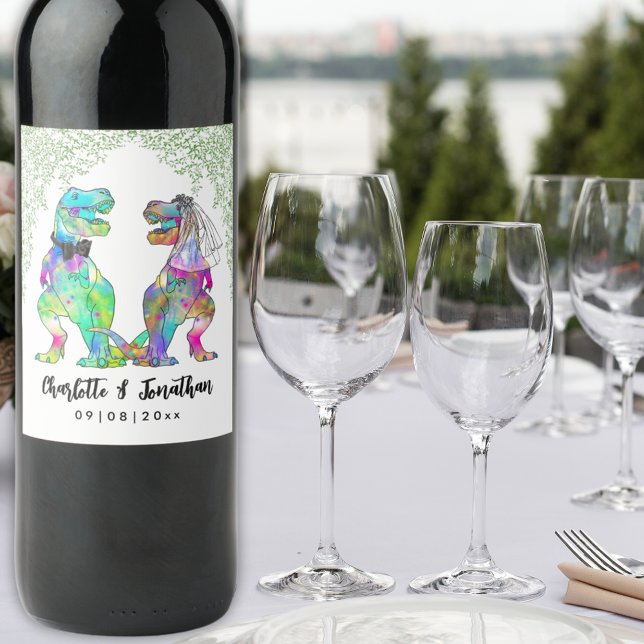 Färgglatt dinosaurie-tema bröllop specialdesignat vinflaska etikett (Colorful T-Rex Bride and Groom Dinosaur Wedding Custom wine labels)