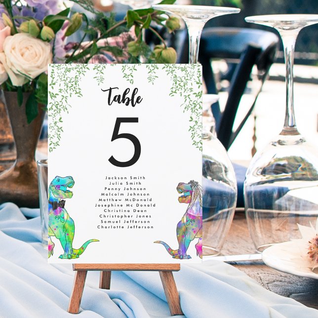 Färgglatt Dinosaurie-tema Bröllops Bordskarta (Colorful dinosaur bride and groom fun t-rex bride and groom wedding table number chart)