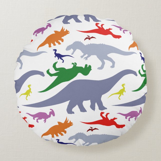 Färgglatt dinosauriemönster (Ljust) Rund Kudde (Framsidan)