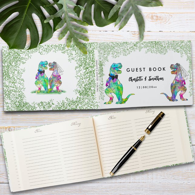 Färgglatt dinosaurietema bröllop gästböcker (Colorful dinosaur themed wedding guest book with funny T-Rex bride and groom)