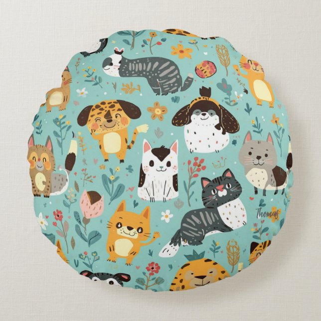 Färgglatt djurtryck kastkuddfodral rund kudde (Framsidan)
