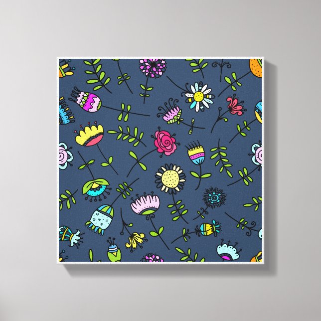 Färgglatt doodle-blommönster på mörkblått canvastryck (Framsida)