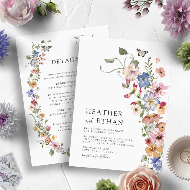 Färgglatt Elegant Blommigt Bröllop Inbjudningar (Watercolor Vintage Colorful Wildflower Wedding Invitation with Details by Painted Paperie)