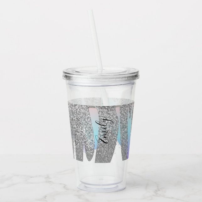 Färgglatt falskt glitter droppande monogram namn   take away mugg (Vänster)