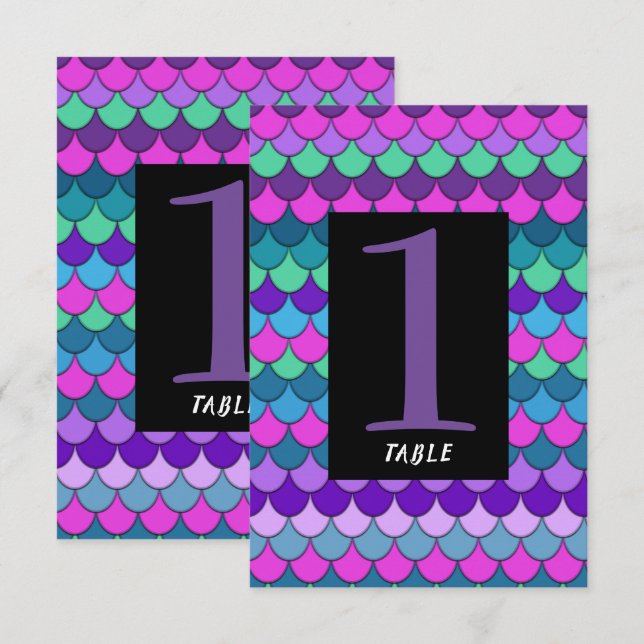 Färgglatt flervärgat sjöjungfru-partyns bordnummer inbjudningar (Fram/baksida)