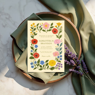 Färgglatt folkligt blomsterbröllop inbjudningar