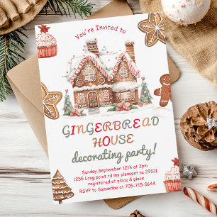 Färgglatt Gingerbread House Dekorationsfest Inbjudningar