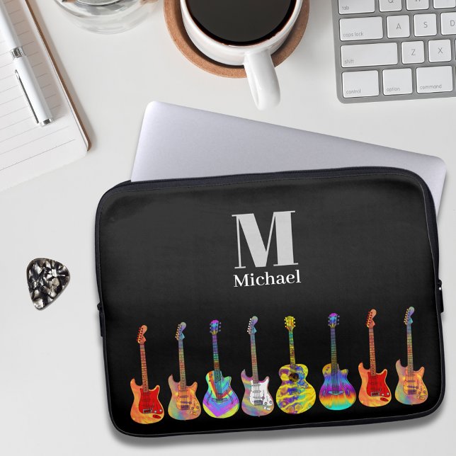 Färgglatt gitarrmonogram laptop fodral (Funky guitar pattern on black personalized monogram music teacher guitarist musician performer )