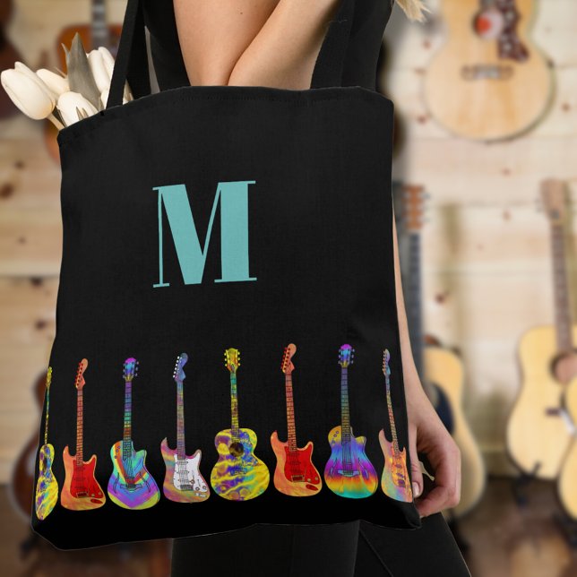 Färgglatt gitarrmonogram tygkasse (Colorful guitar monogram custom tote bag for guitarists musicians music teachers )