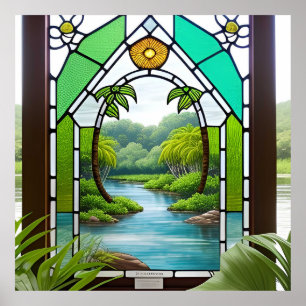 Färgglatt glasmålade fönster Naturscen Poster