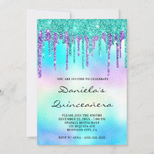 Färgglatt glitterdropp Iridescent Quinceañera Inbjudningar