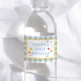 Färgglatt grönt Gingham 1-årsfest Vattenflaskor Etikett