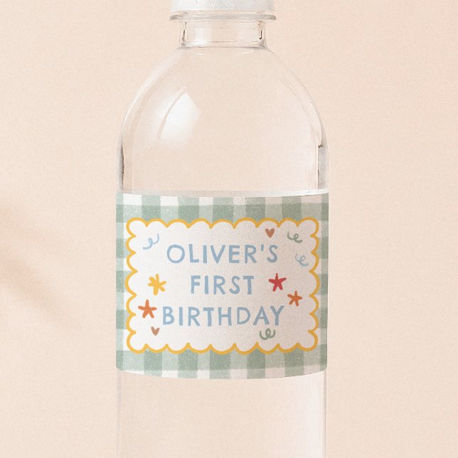 Färgglatt grönt Gingham 1-årsfest Vattenflaskor Etikett (Skapare uppladdad)