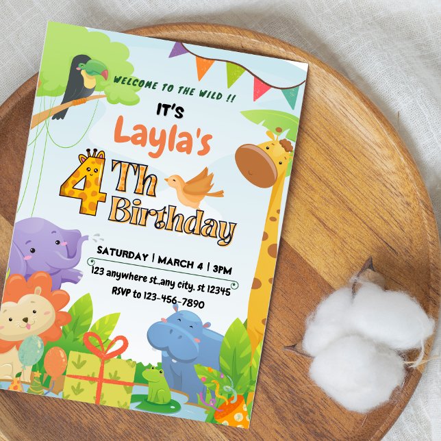 Färgglatt Grönt och Gult Sött Safari-tema Inbjudningar (Cute Safari Themed 4th Birthday Invitation for Kids)