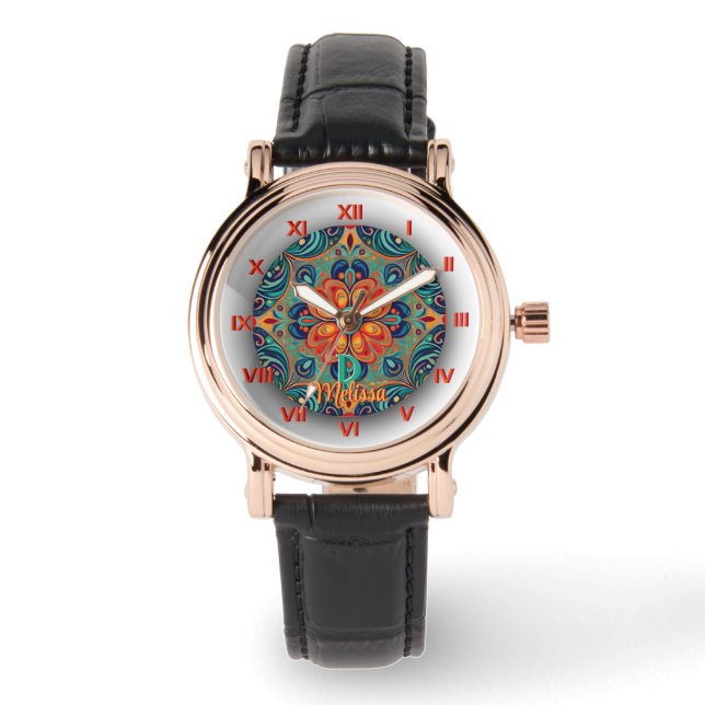Färgglatt grönt orange mexikanskt inspirerat monog armbandsur (Framsida)