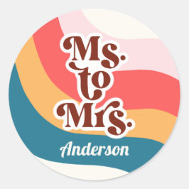Färgglatt Groovy Retro 70-tal Ms till Mrs Bröllops Runt Klistermärke
