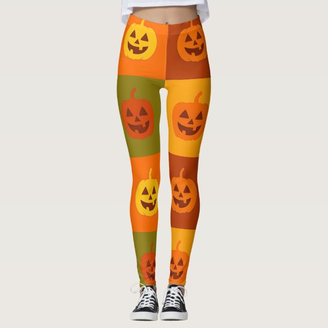 Färgglatt Halloween-pumpa-rutnät Leggings (Framsida)