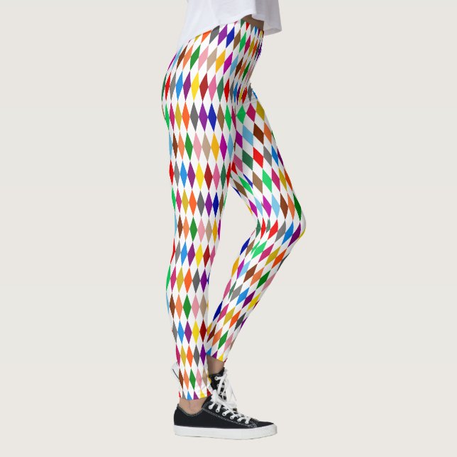 Färgglatt Harlekin Diamanter Design Vit  Leggings (Höger)