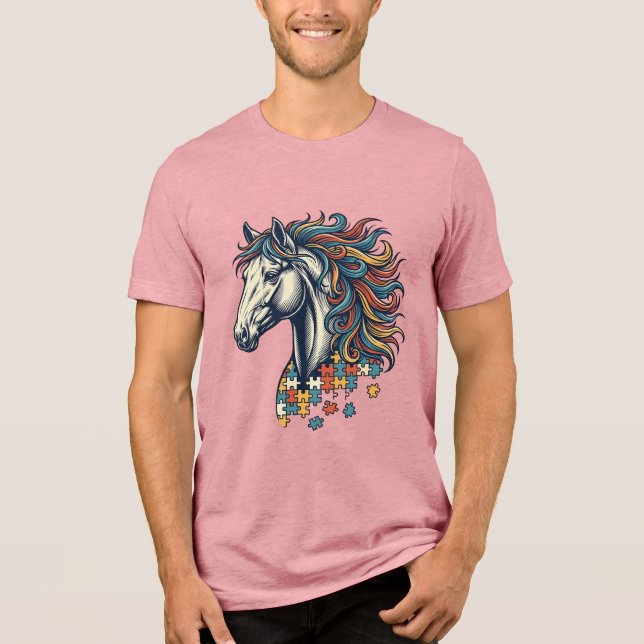 Färgglatt Hästpusselbit Vintage Gravyr T-Shirt (Framsida)